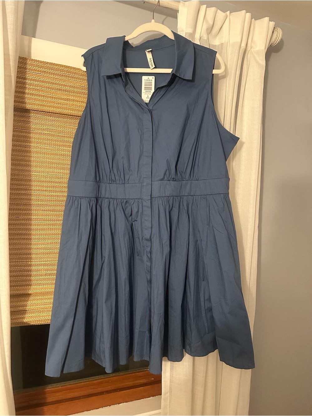 Sleeveless Blue Shirt Dress- Lightweight Collared Dress